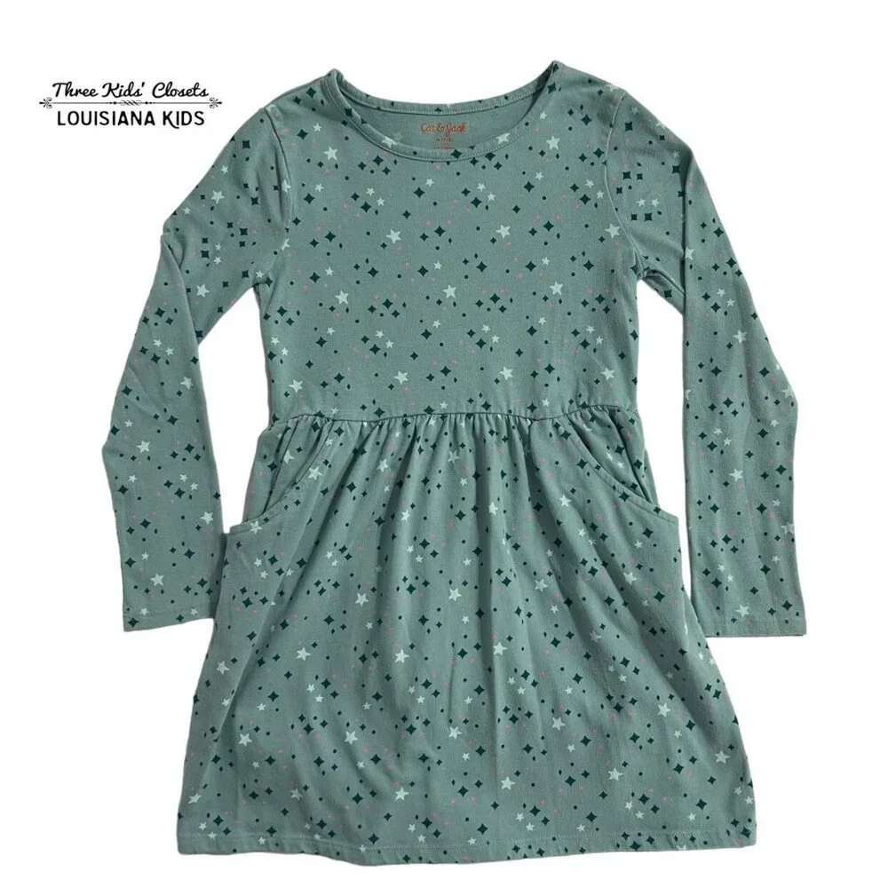 Cat & Jack M (7/8) Green Star Print Dress